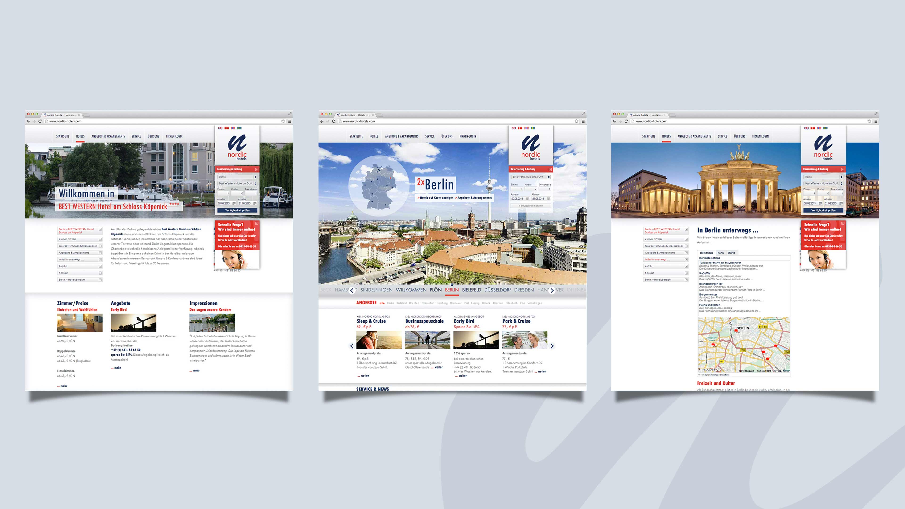 Drei Homepage Ausschnitte von Nordic Hotels