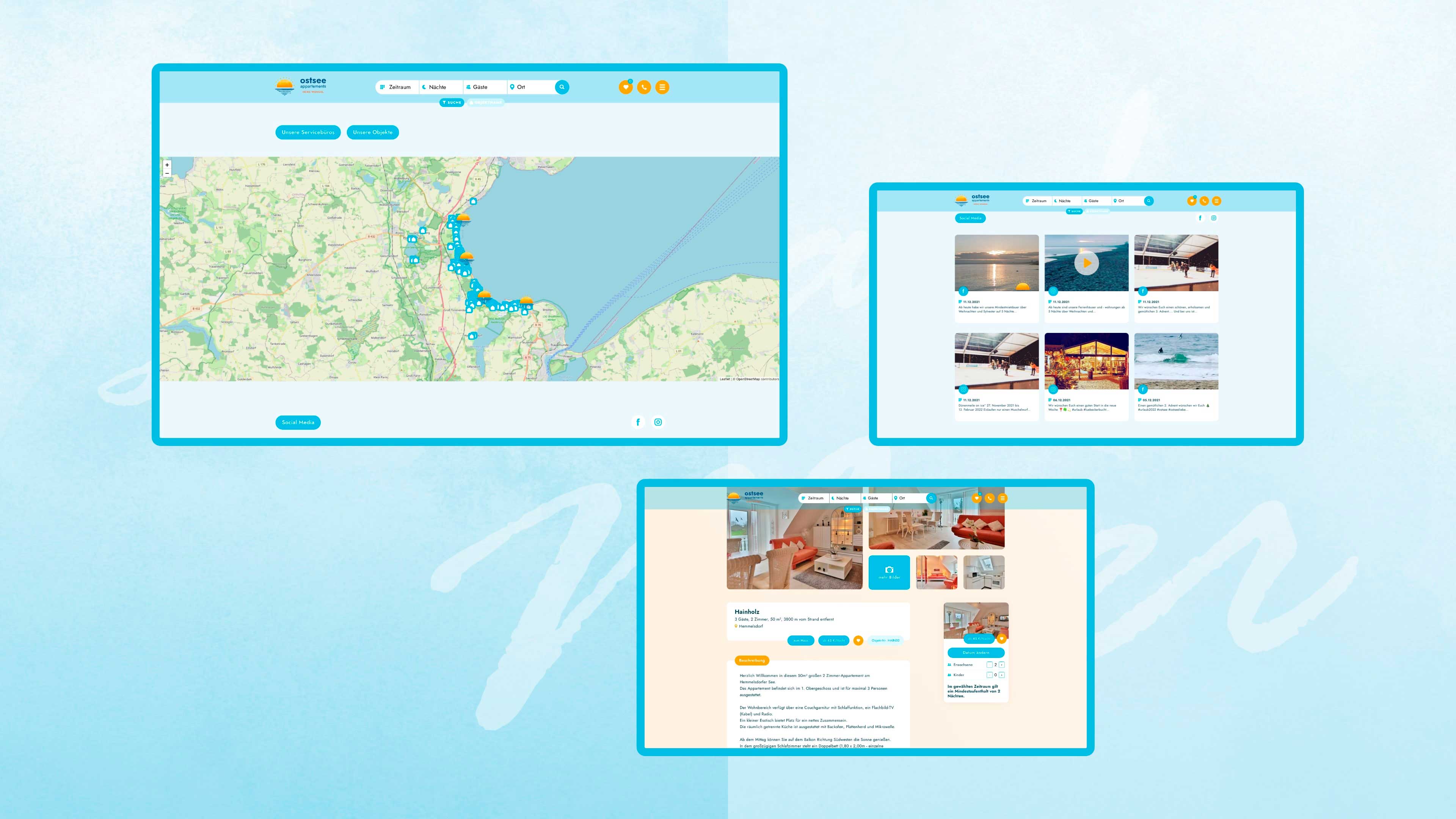 Drei Homepage Unterseiten von Ostsee Appartements