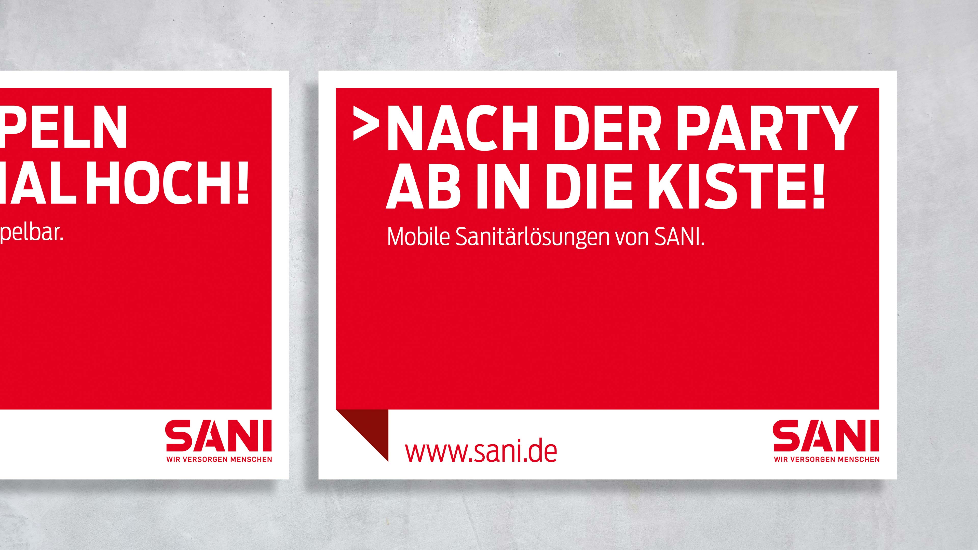 Zwei rote Kacheln mit Werbetext von Sani