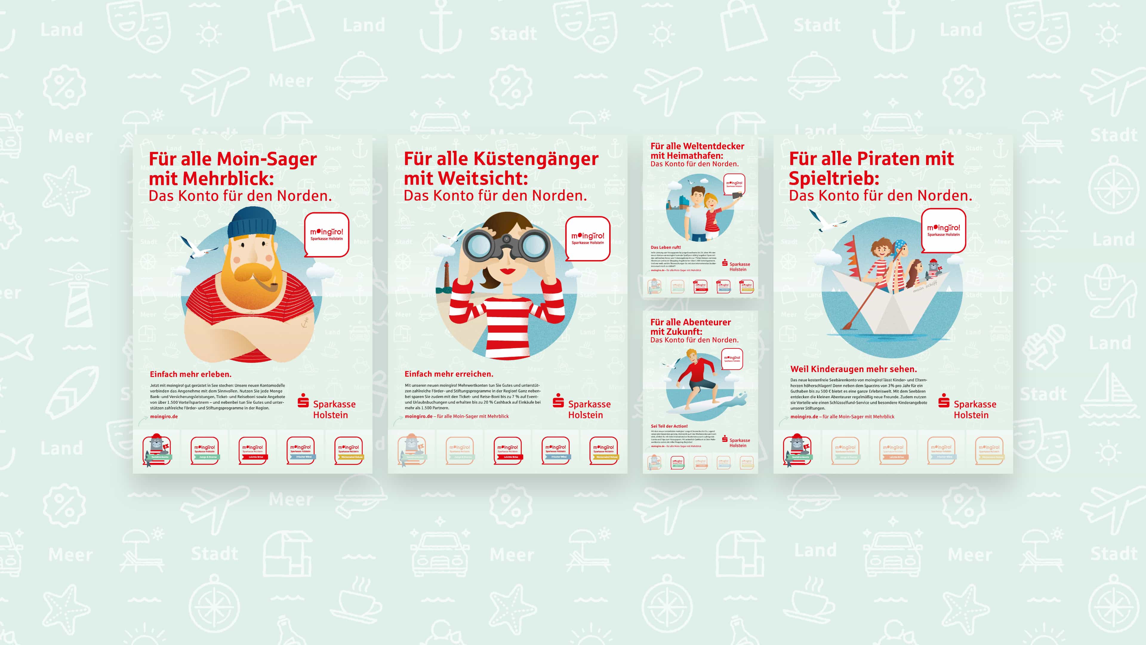 Vier Werbeplakate mit Illustrationen