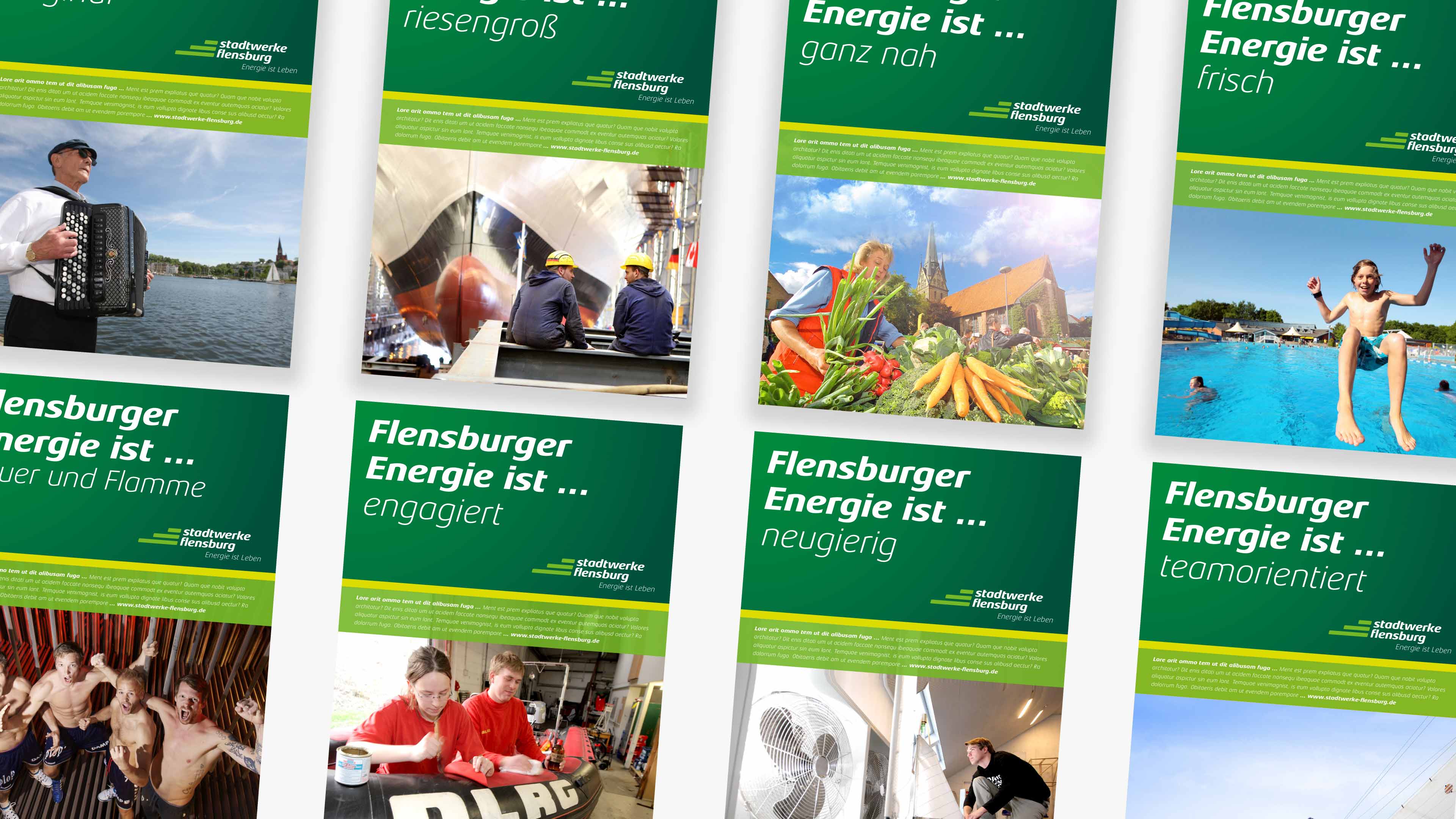 Aneinandergereihte Hefte von Stadtwerke Flensburg
