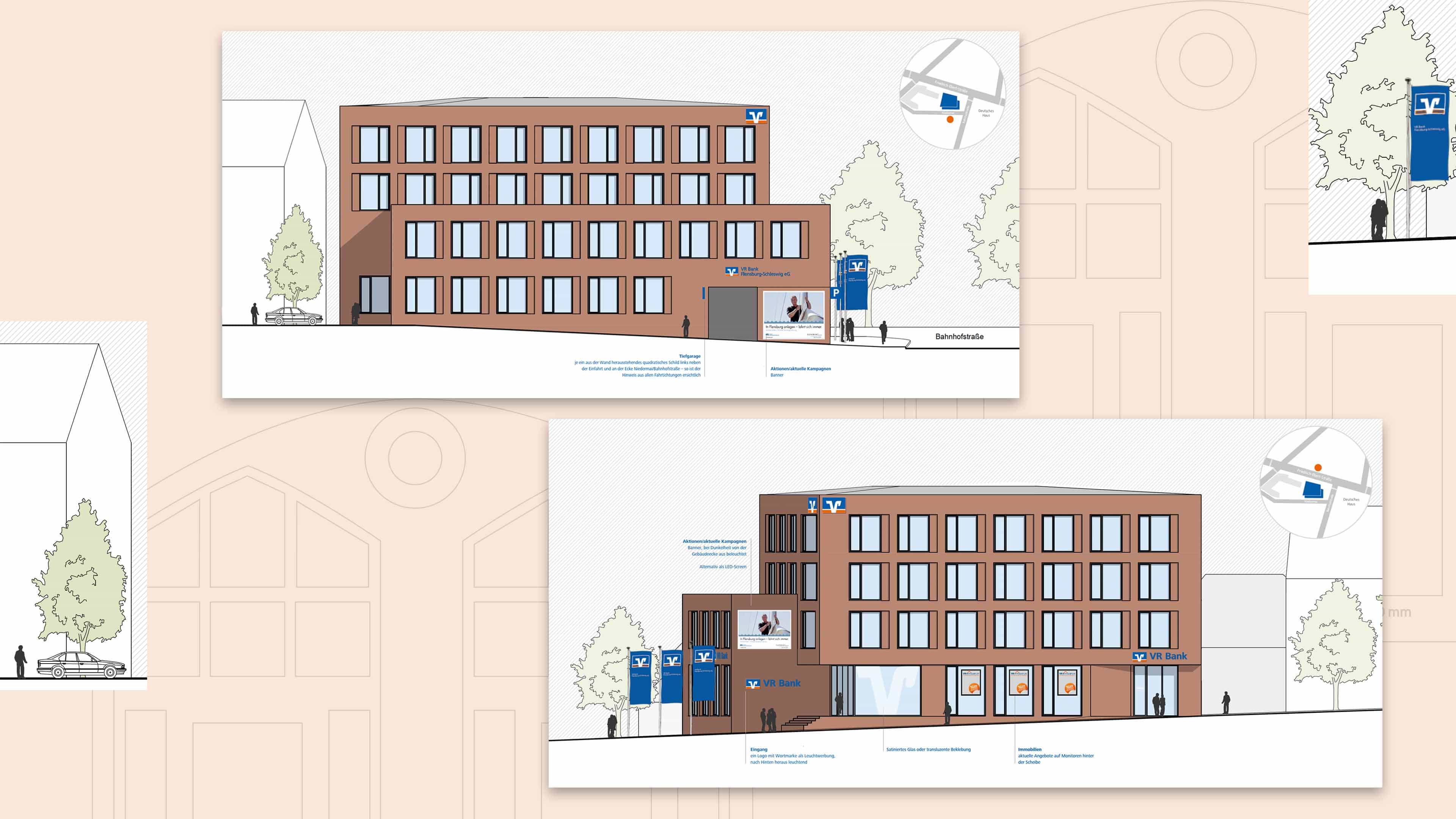 Skizziertes Gebäude der VR Bank in Flensburg