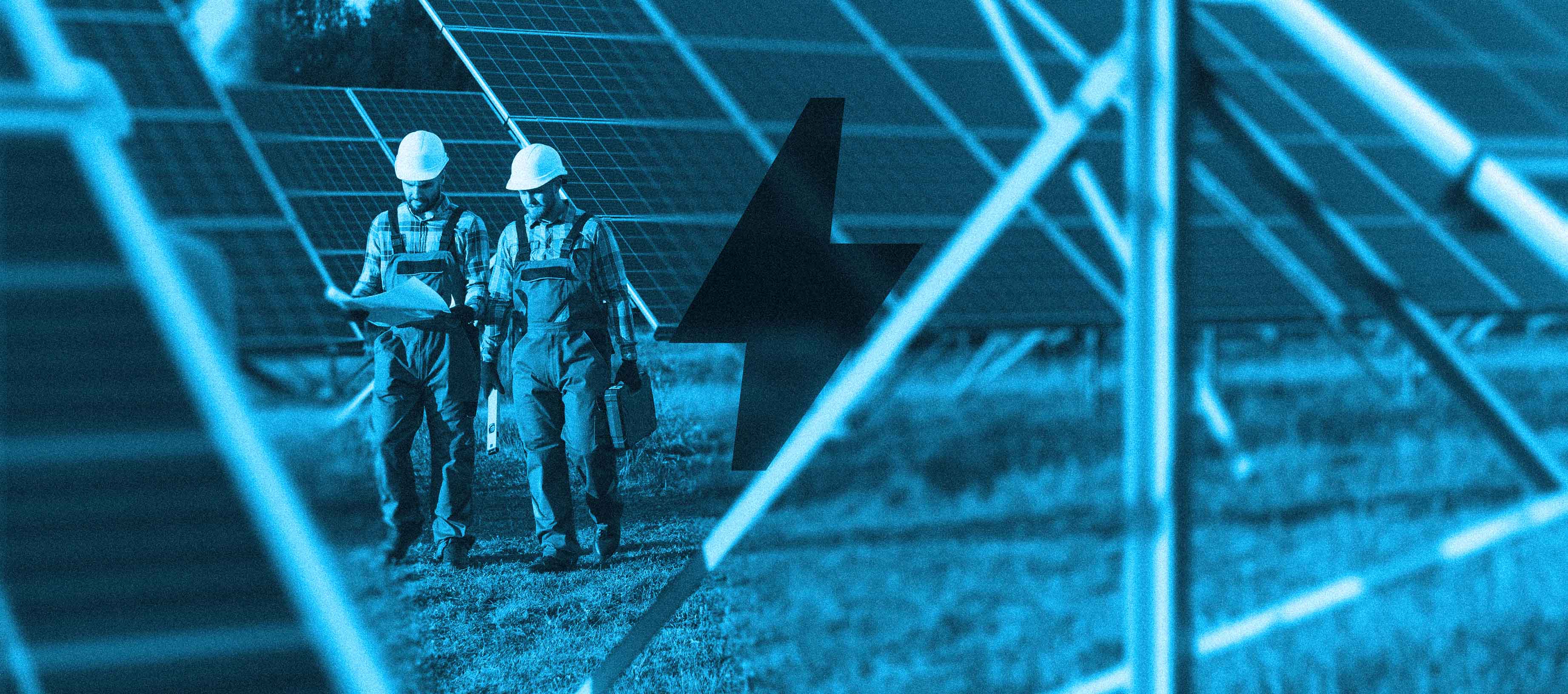 Zwei Mitarbeiter im Photovoltaik-Park und Icon für Energie