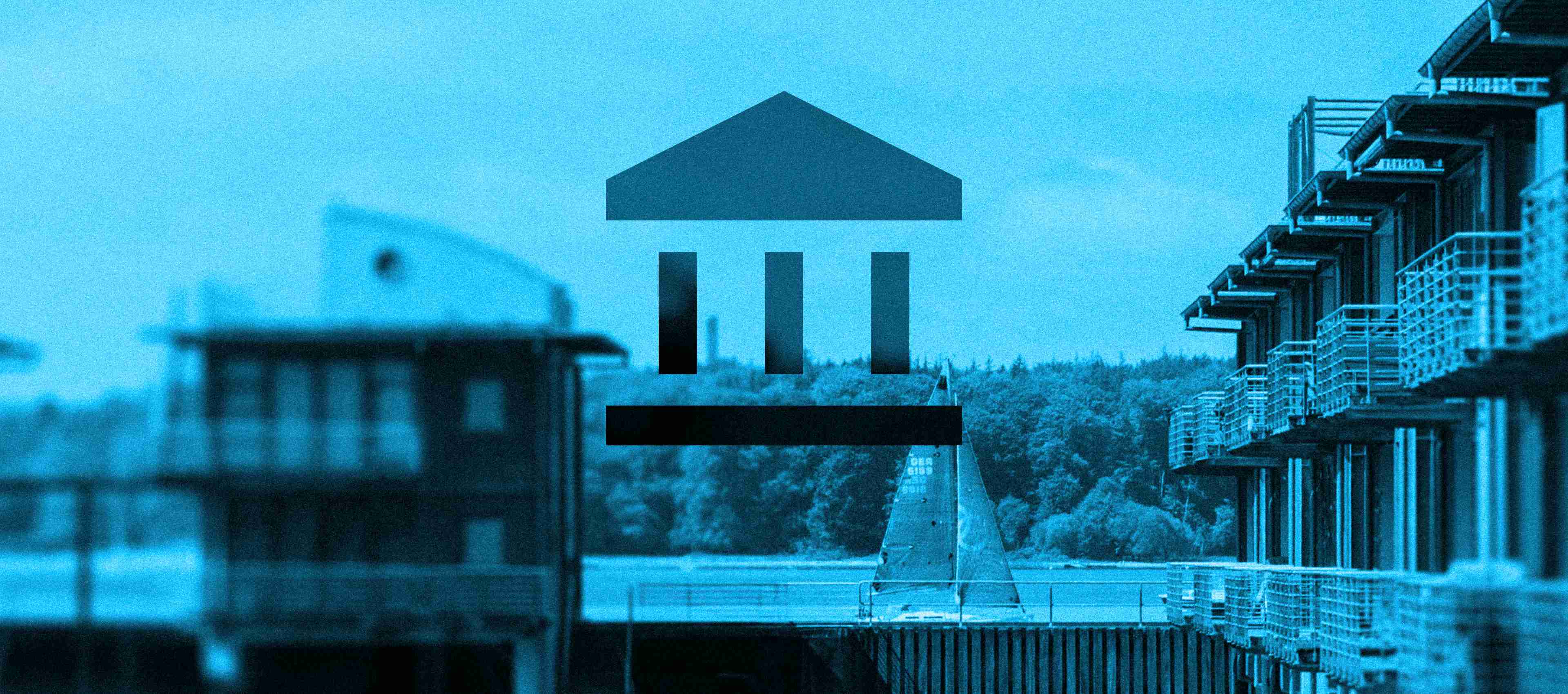 Wasserhäuser in Sonwik und darüberliegendes Immobilien-Icon 