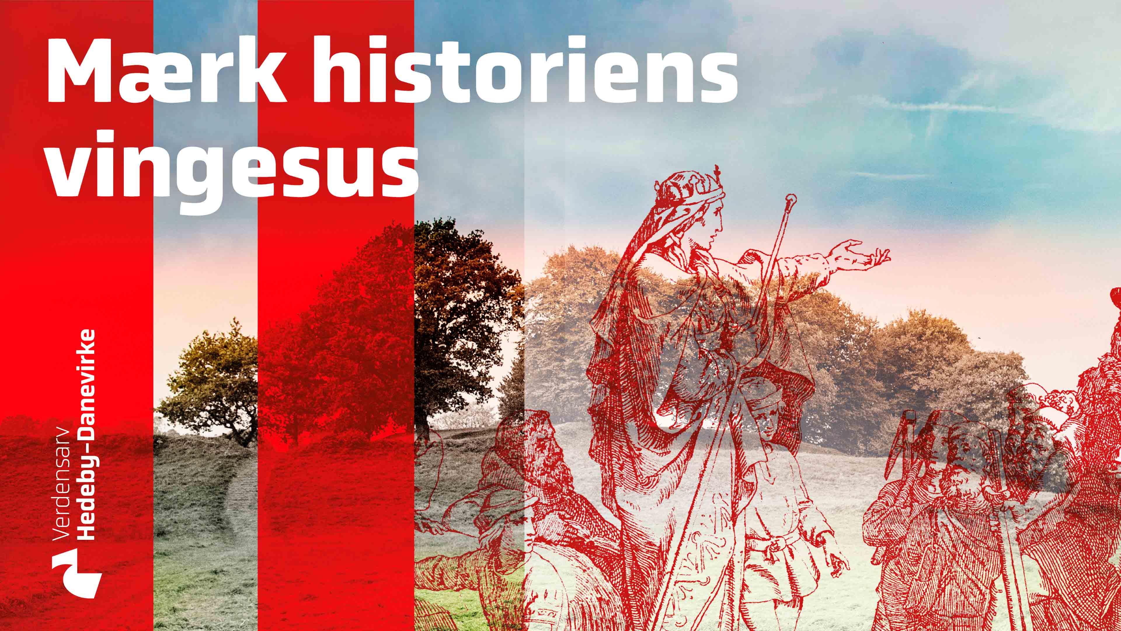 Montage einer historischen Skizze in der Landschaft des Dannewerks mit dänischer Aufschrift und roten Balken