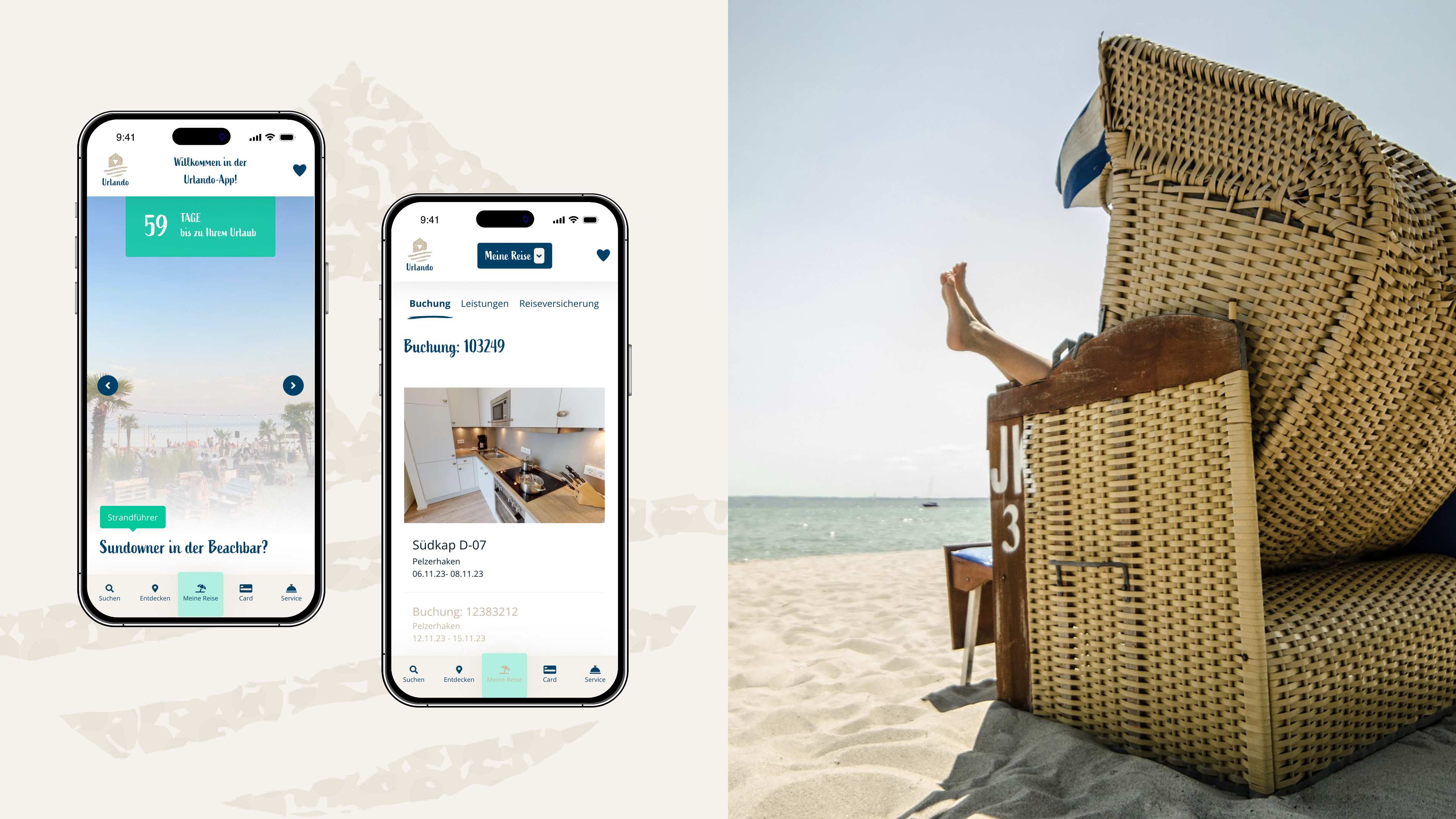 Zwei Smartphones mit der Urlando Webseite und ein Strandkorb