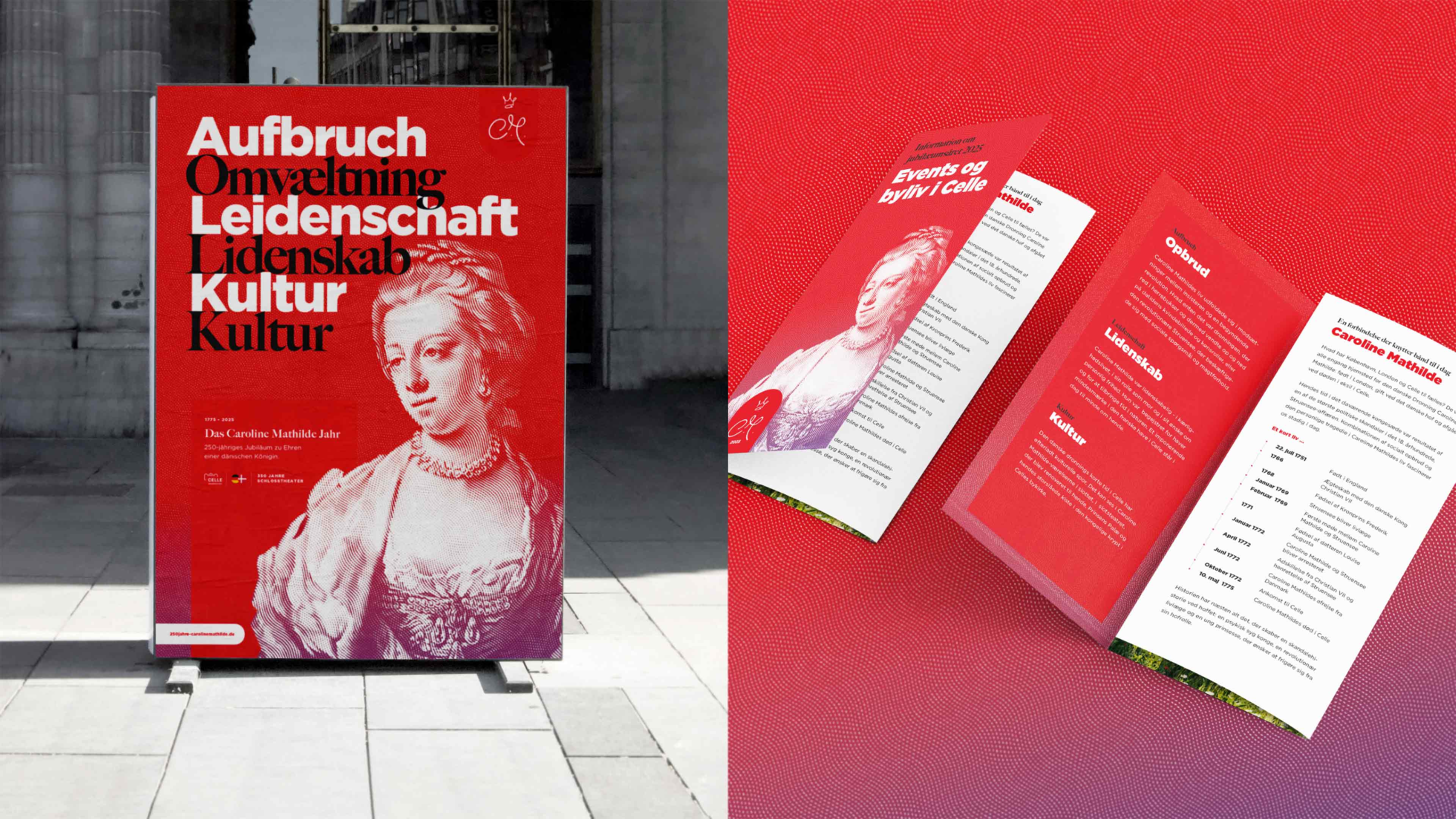 h2_grenzuebergreifendes-marketing_slider_04.jpg Ein Aufsteller und ein Flyer über das Caroline Mathilde Jahr in Celle