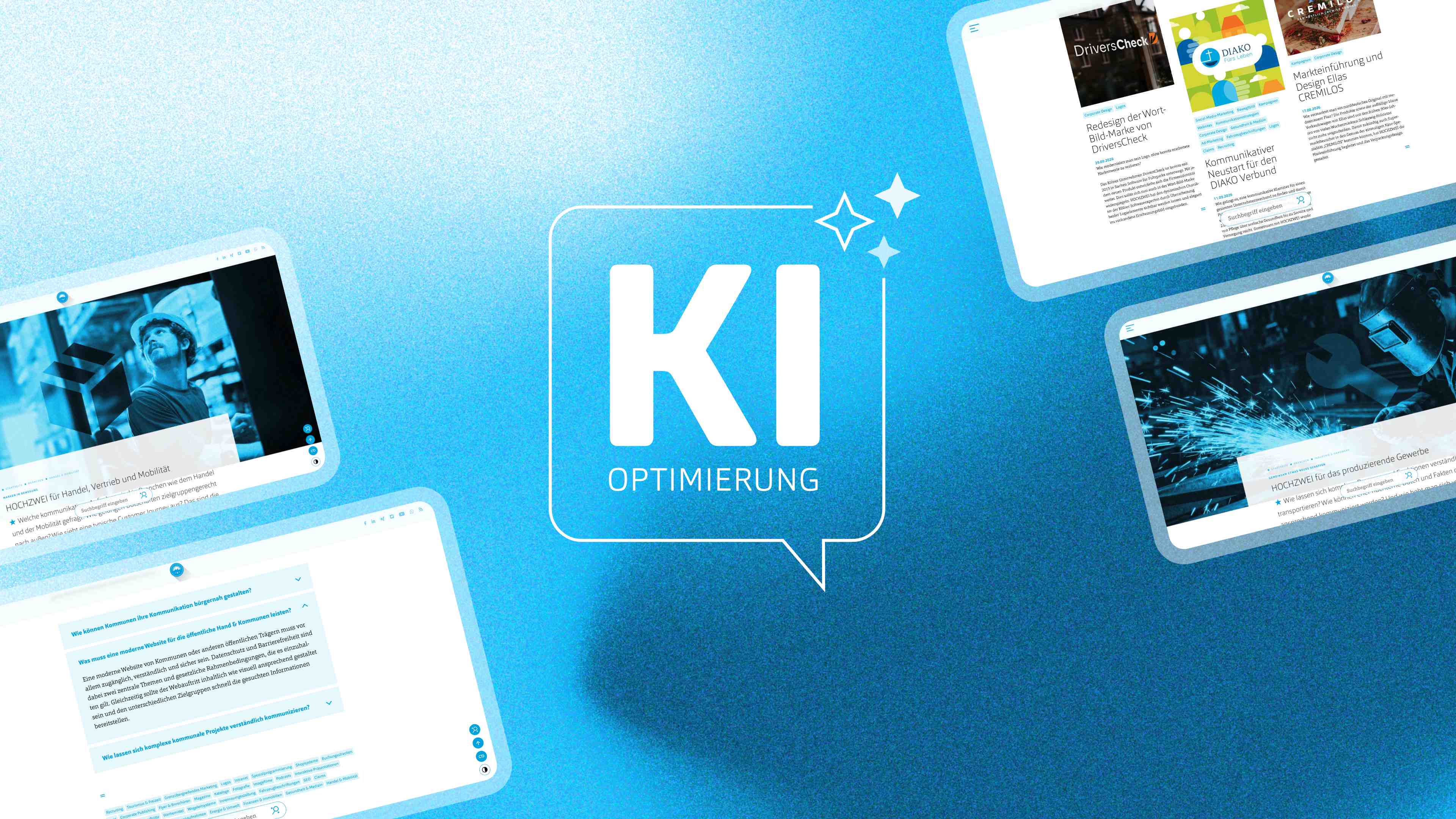 Blaue Grafik mit der Überschrift KI-Optimierung und Ausschnitten aus verschiedenen Website-Screenshots