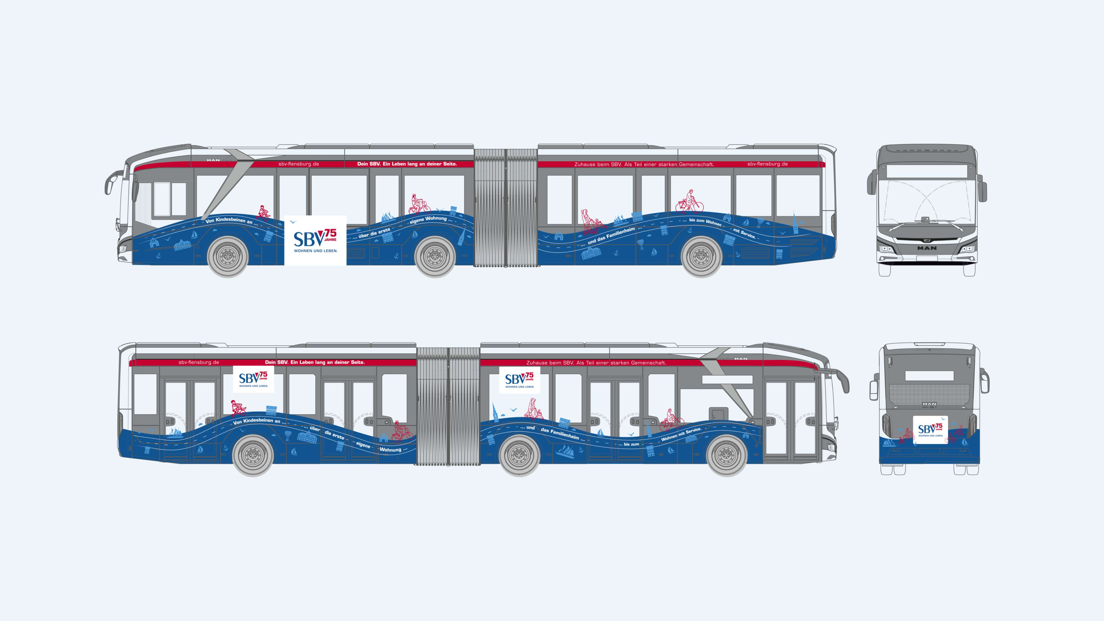 Animation einer Busbeschriftung für den SBV von allen Seiten.