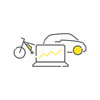Drei Icons bestehend aus einem Auto, einem Fahrrad und einem Laptop