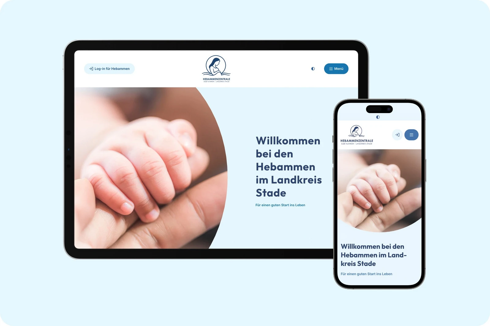 Eine Tablet- und eine Smartphoneansicht der Hebammenzentrale Seite