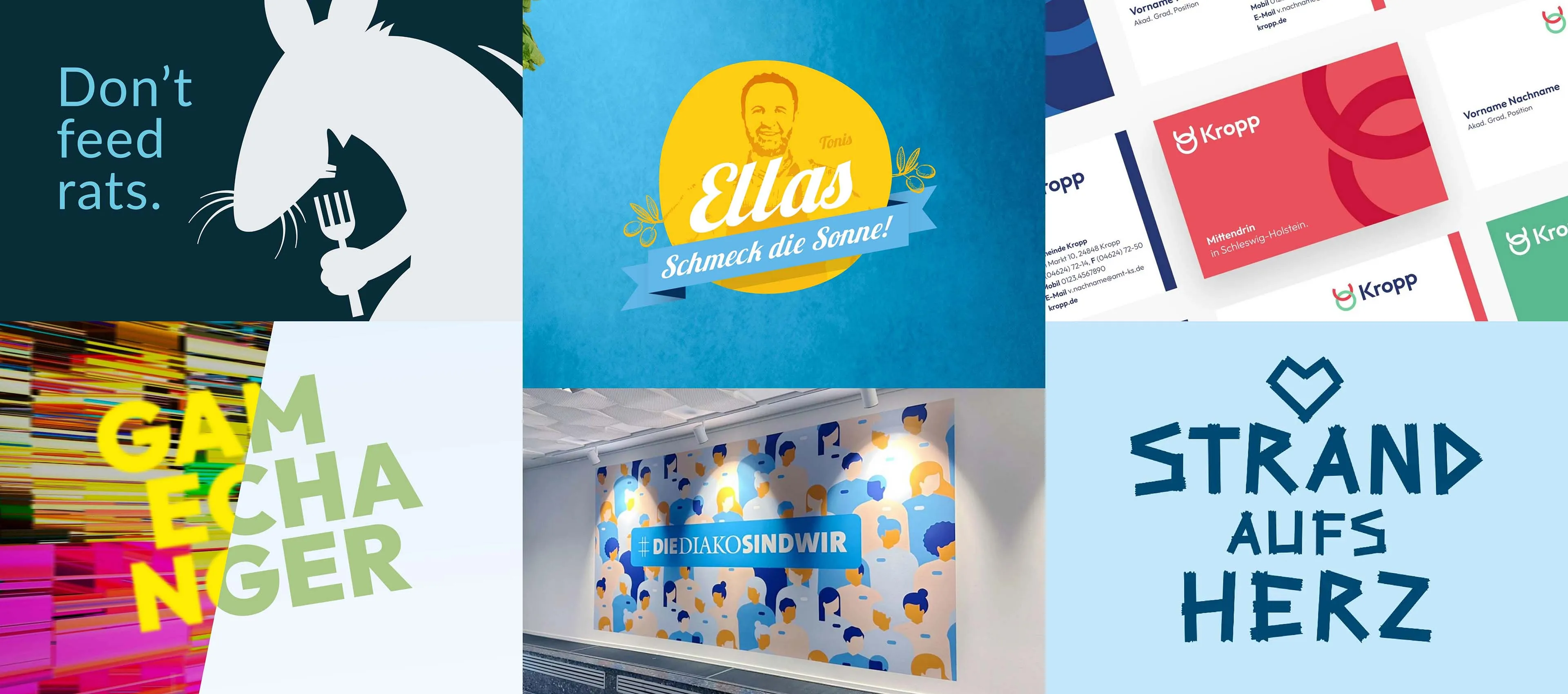 Collage verschiedener Kundenprojekte zum Thema Claims von HOCHZWEI: u.a. Ellas, Diako
