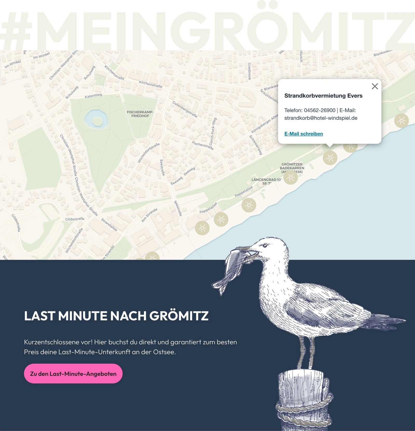 h2_tsg_teaser_07.jpg Karte der Straßenübersicht von Grömitz mit einer Markierung von Strandkorbvermietung Evers und einer Grafik einer Möwe
