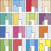Collage mehrerer ähnlicher Grundrisse koloriert in bunten Farben