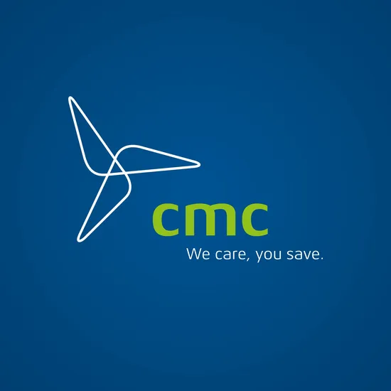 Logo für cmc mit Text 'we care, you save' vor blauem Hintergrund