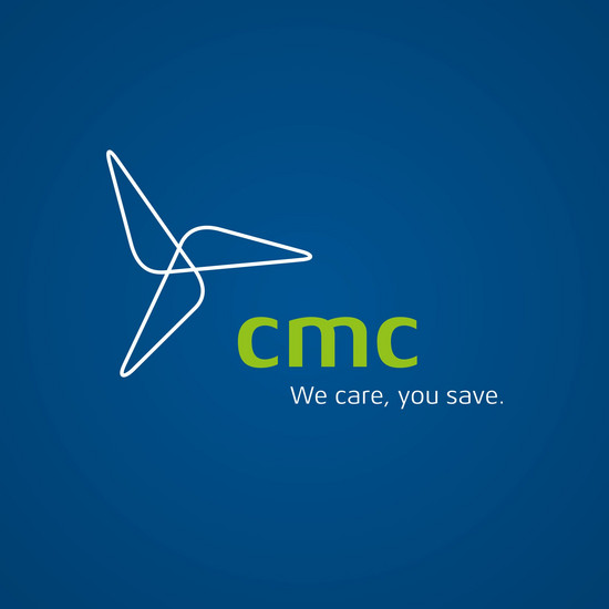 Logo für cmc mit Text "we care, you save" vor blauem Hintergrund