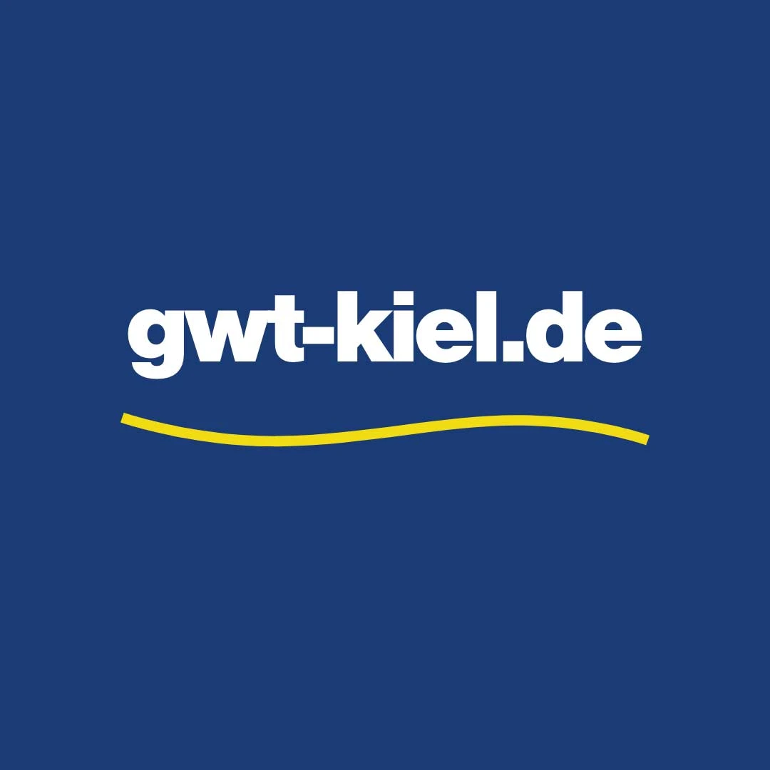 Die URL von GWT Kiel auf blauen Hintergrund mit einem gelben Strich