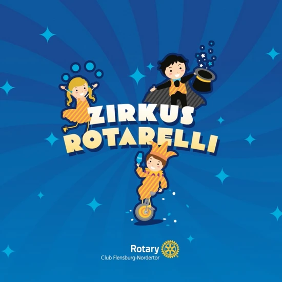 Filmische Doku zum Zirkus „Rotarelli“ Dunkelblaue Grafik mit der Überschrift Zirkus Potarelli und drei kleinen Comic Artisten