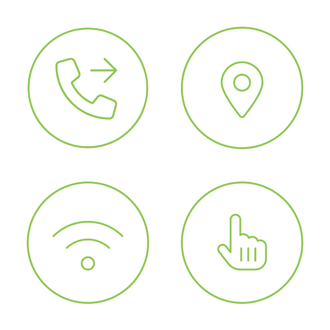 hochzwei_kielregion-handbuecher_teaser_12.jpg Vier runde Symbole in grün auf weiß. Ein Telefonhörer, eine Ortsmarkierung, ein W-LAN Symbol und ein zeigender Finger.