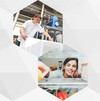 Zwei sechseckige Fotos zeigen eine Mitarbeiterin bei der Arbeit, eine Frau blickt in einen Kühlschrank