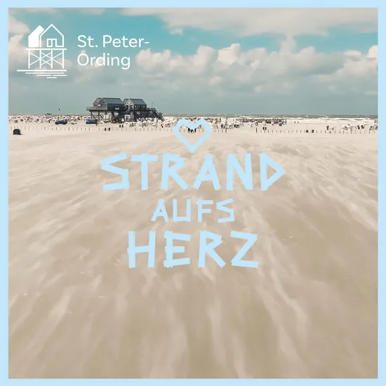 Weiter Strand von St. Peter-Ording mit Text STRAND AUFS HERZ