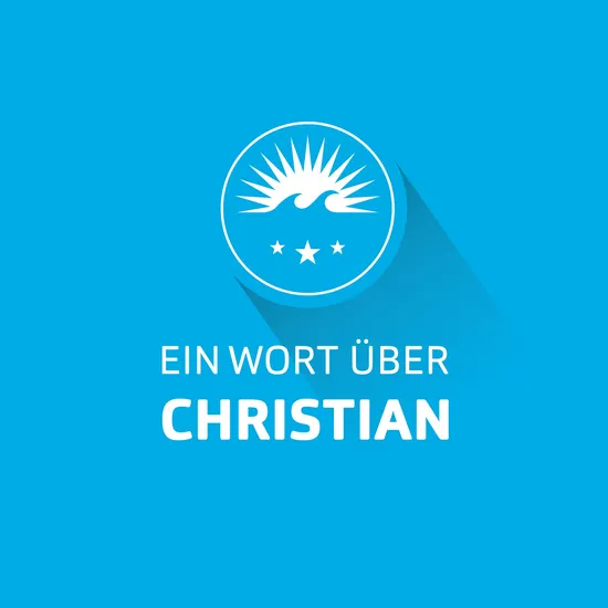 Blaue Grafik mit dem HOCHZWEI Logo mit einer Sonne, zwei Wellen und drei Sternen und dem Schriftzug Ein Wort über Christian