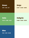 Sechs Farbkacheln sind zu sehen: braun, beige, grün, hellgrün, blau und weiß.
