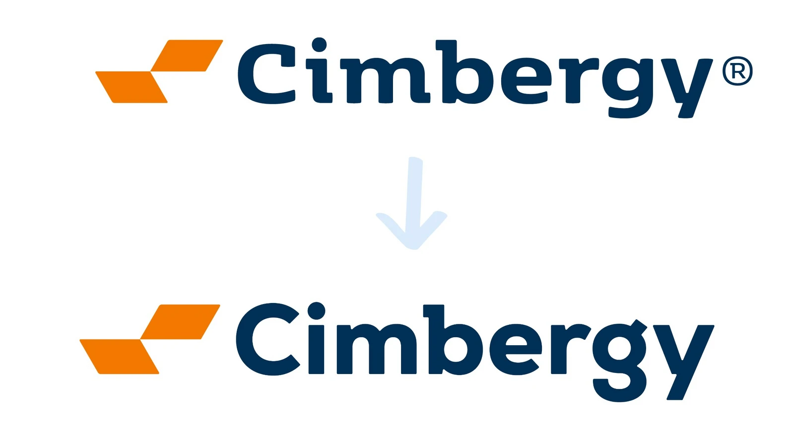 Das alte Logo im Vergleich mit dem neuen Logo. Orangene Rauten und Cimbergy in dunkelblauer Schrift.