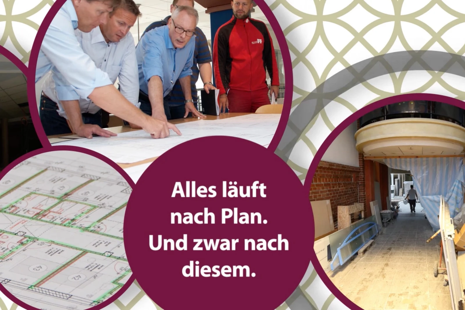 Collage mit Fotos von der Baustelle in Kreisen und Text 