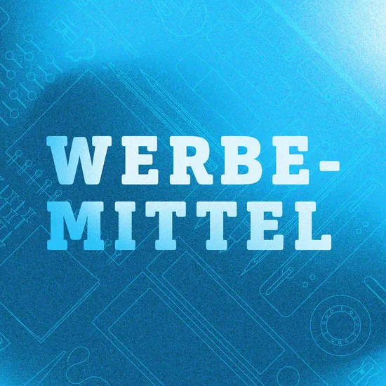 Ein blauer Hintergrund mit weißer Aufschrift: Werbemittel