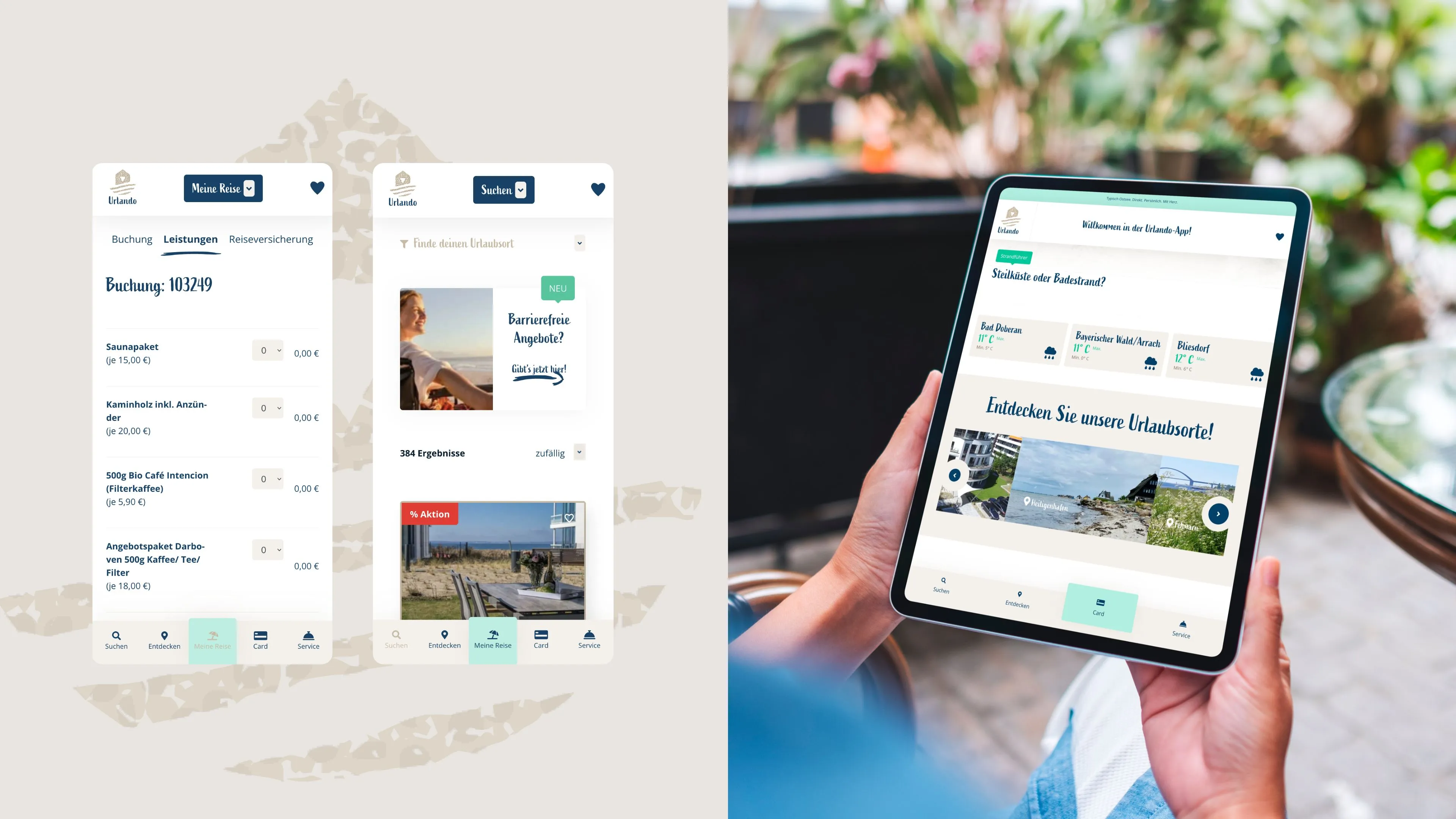 h2_einblicke-app_slider_01.jpg Bildercollage: Links eine mobile Ansicht der Urlando Webseite. Rechts hält eine Person ein Ipad in der Hand.