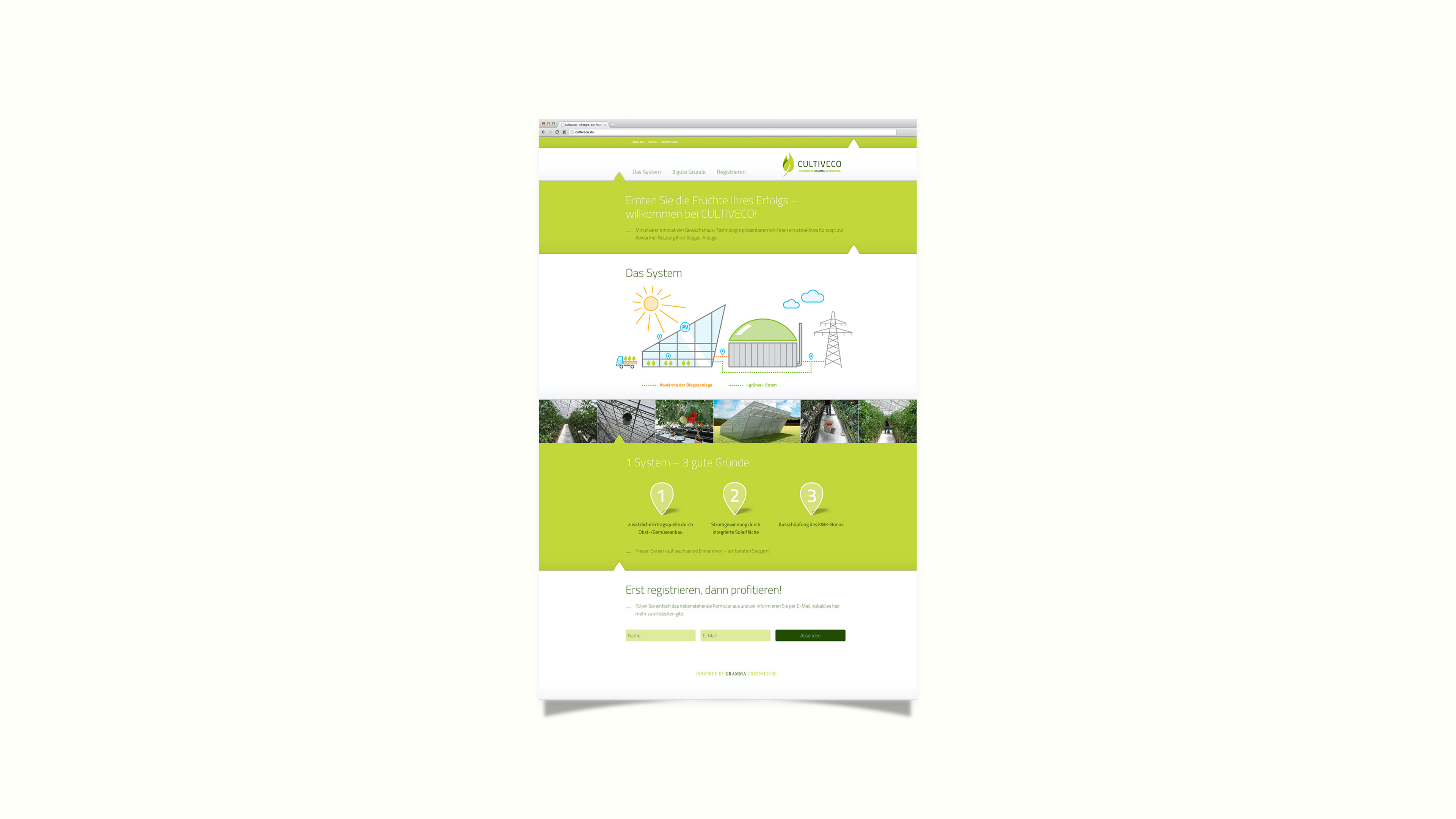 Screenshot der grün-weißen Website cultiveco.de 