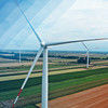 Blick aus der Luft auf drei Windmühlen
