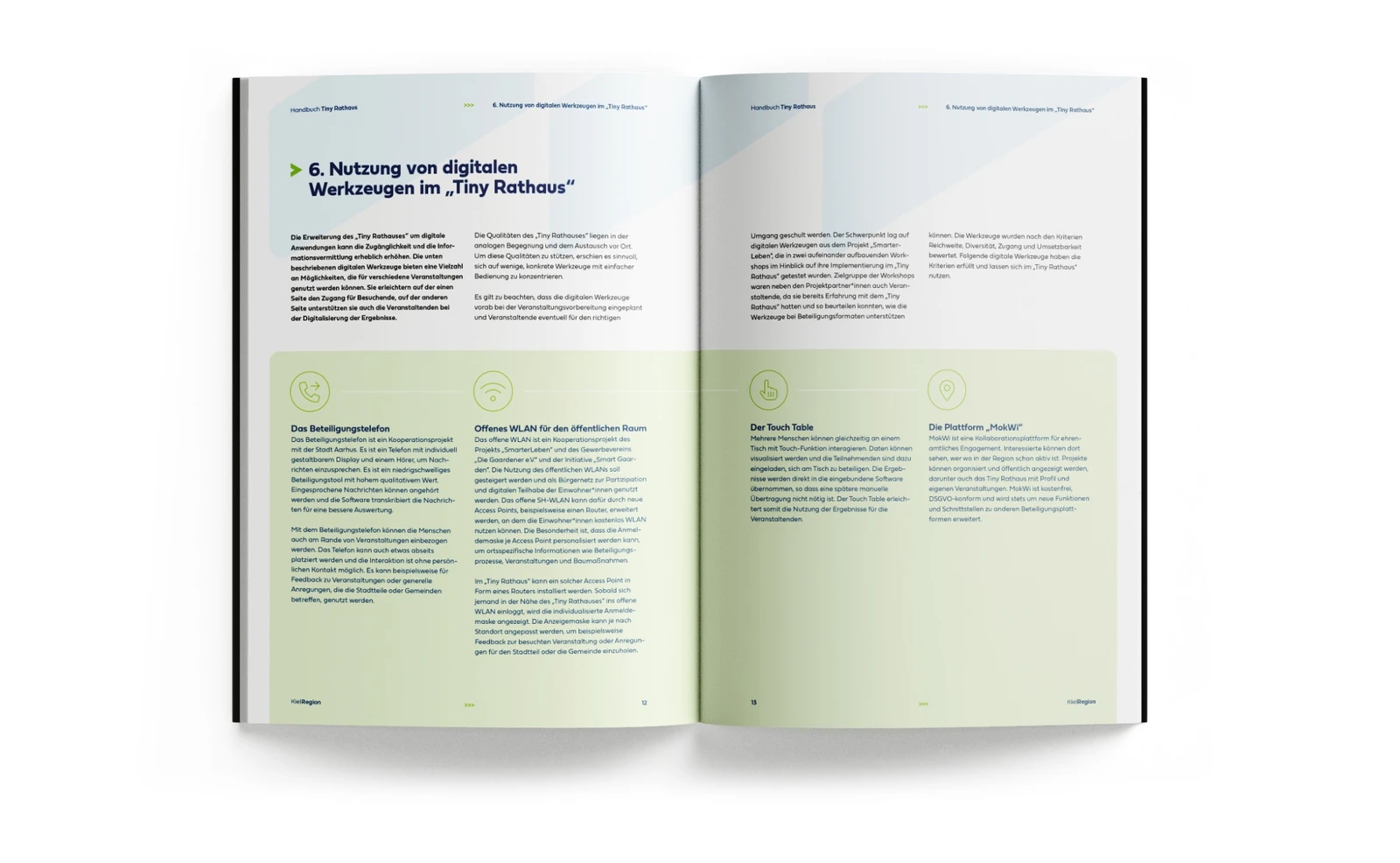 hochzwei_kielregion-handbuecher_teaser_05.jpg Aufgeschlagenes Handbuch mit dem Kapitel 6 Nutzung von digitalen Werkzeugen im Tiny Rathaus.
