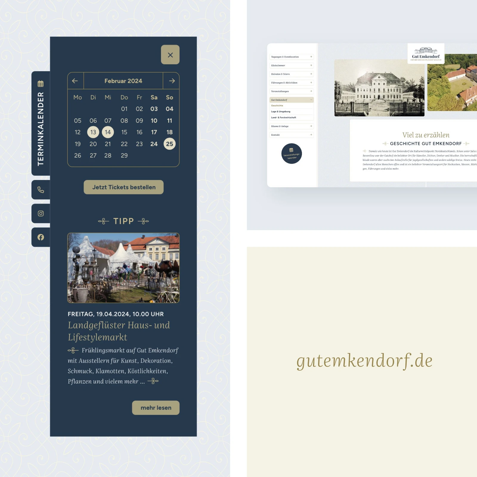 h2_gute_teaser_12.jpg Collage aus mehreren Ansichten der Website für Gut Emkendorf sowie URL