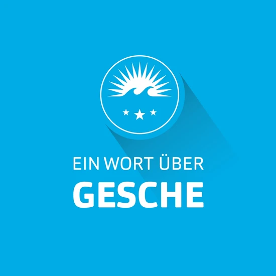 Ein Wort über Gesche Blaue Grafik mit Schriftzug Ein Wort über Gesche. Darüber das Hochzwei Logo mit einer aufgehenden Sonne, zwei Wellen und drei Sternen.