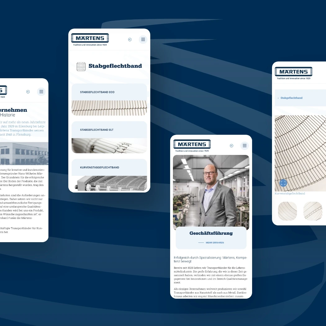 Vier mobile Ansichten der Märtens Homepage