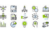 Schwarz-grün-hellblaue Icons: Rakete, Zeit, Geld, Briefpapier, Diagramme etc. 