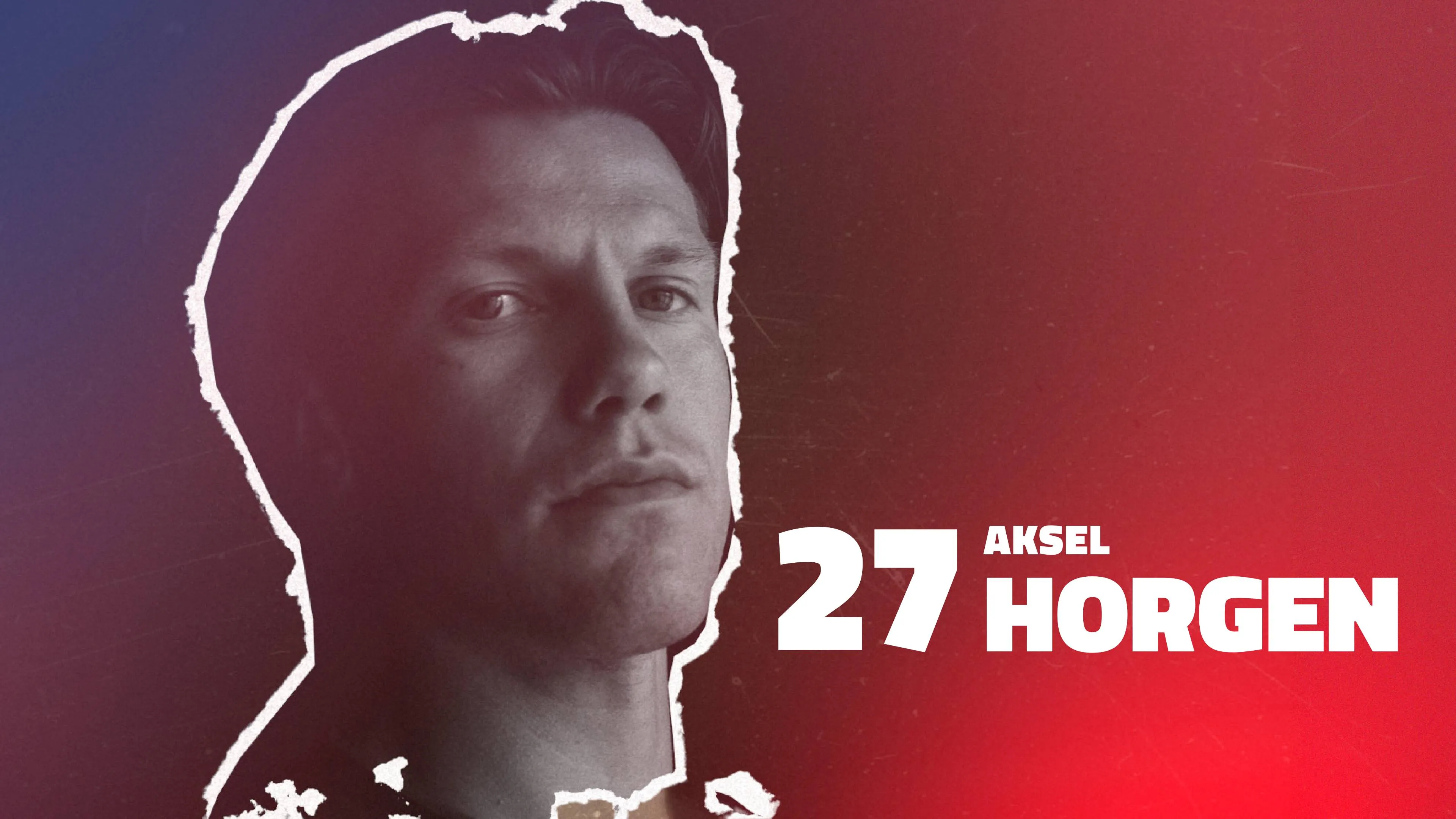 Porträt von Aksel Horgen mit der Nummer 27 auf blau-rotem Hintergrund