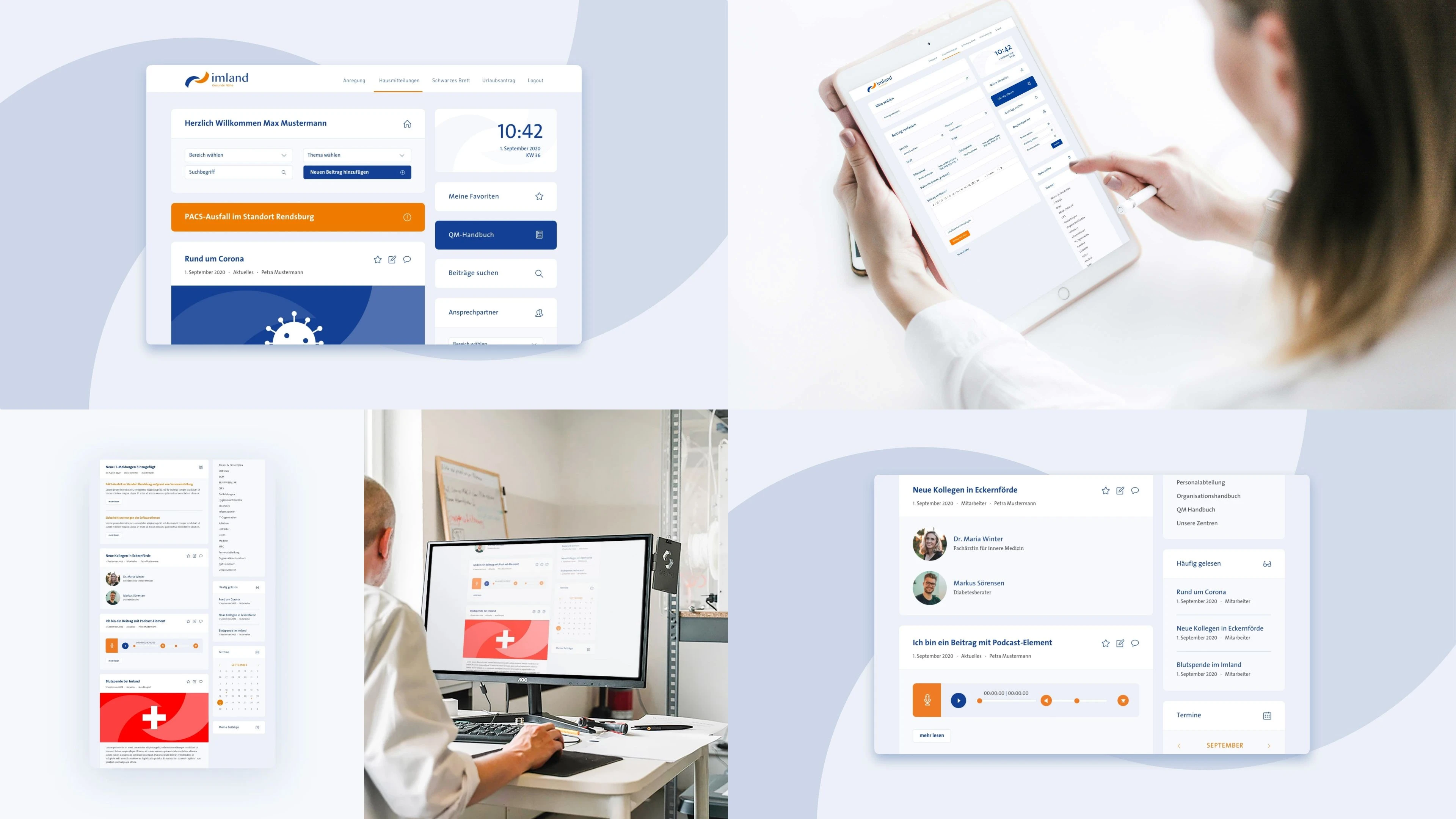 Collage von fünf Bildern des imland-Intranets: Starseite, Kollegen, Beitrag schreiben
