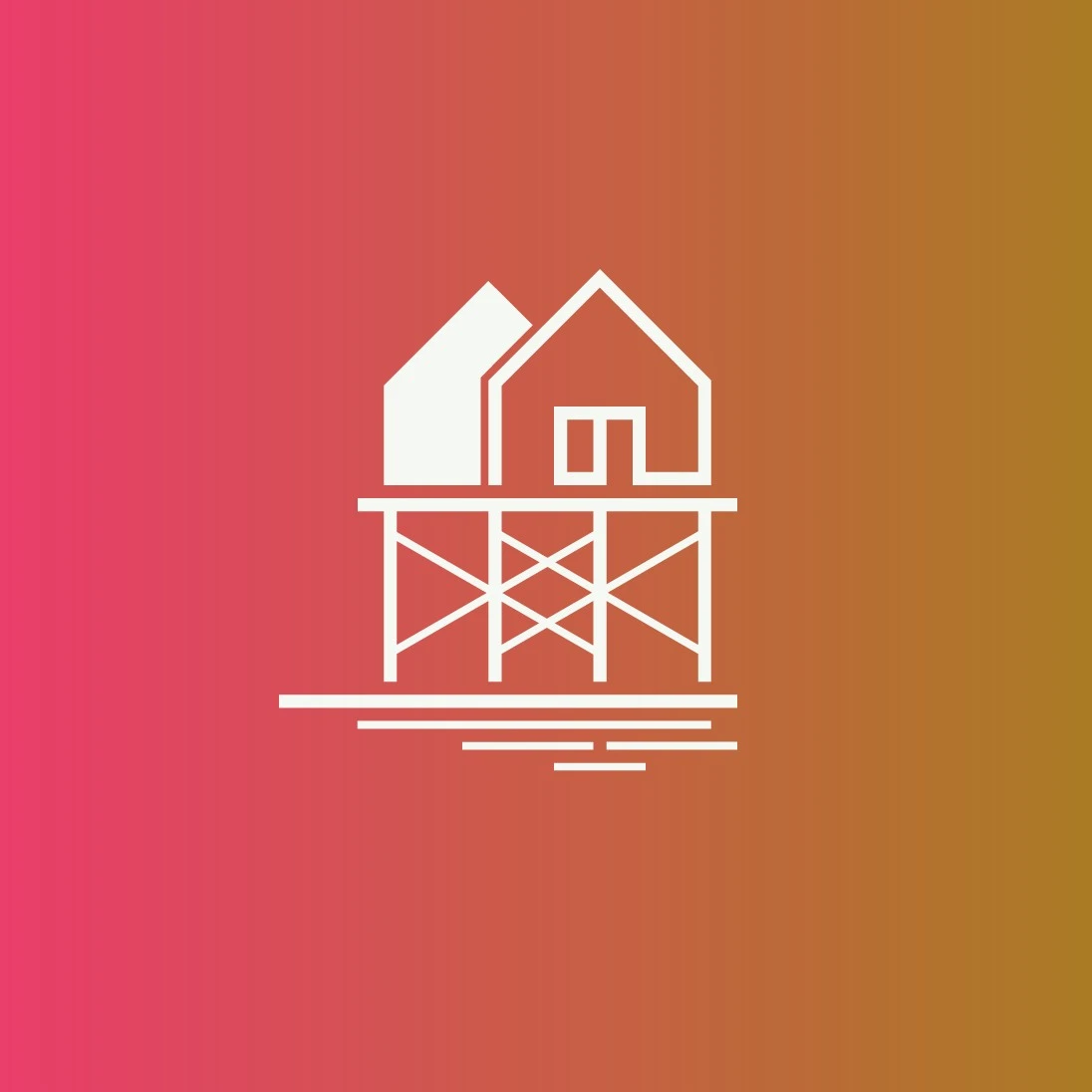 Grafik eines Pfahlbautenhauses auf rot-orangenem Hintergrund