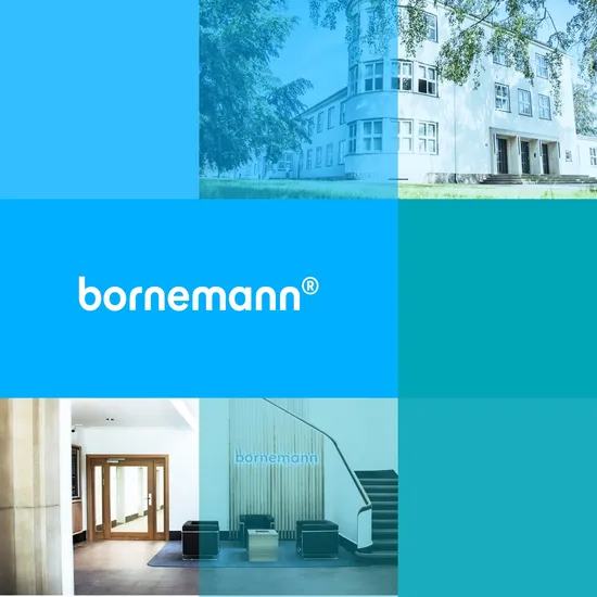 CD für Technologieunternehmen Bornemann Collage aus weißem Bornemann-Schriftzug, weißem Haus und Eingangsbereich