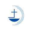 Diako-Logo: Blaues Kreuz umgeben von blauen Linien im Halbkreis