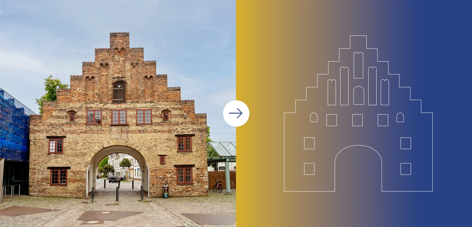 Zwei Grafiken links ein Foto des Flensburger Nordertors, rechts eine digitale Grafik des Nordertors