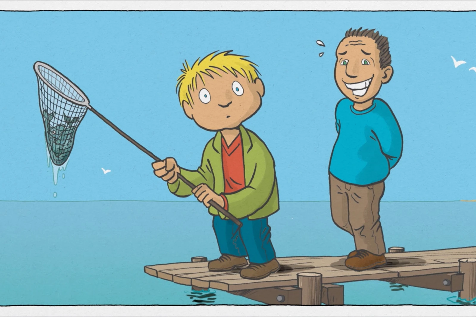bb_wwf_wattenmeer_teaser_05.jpg Ein gezeichnetes Bild von einem Mann der fischt