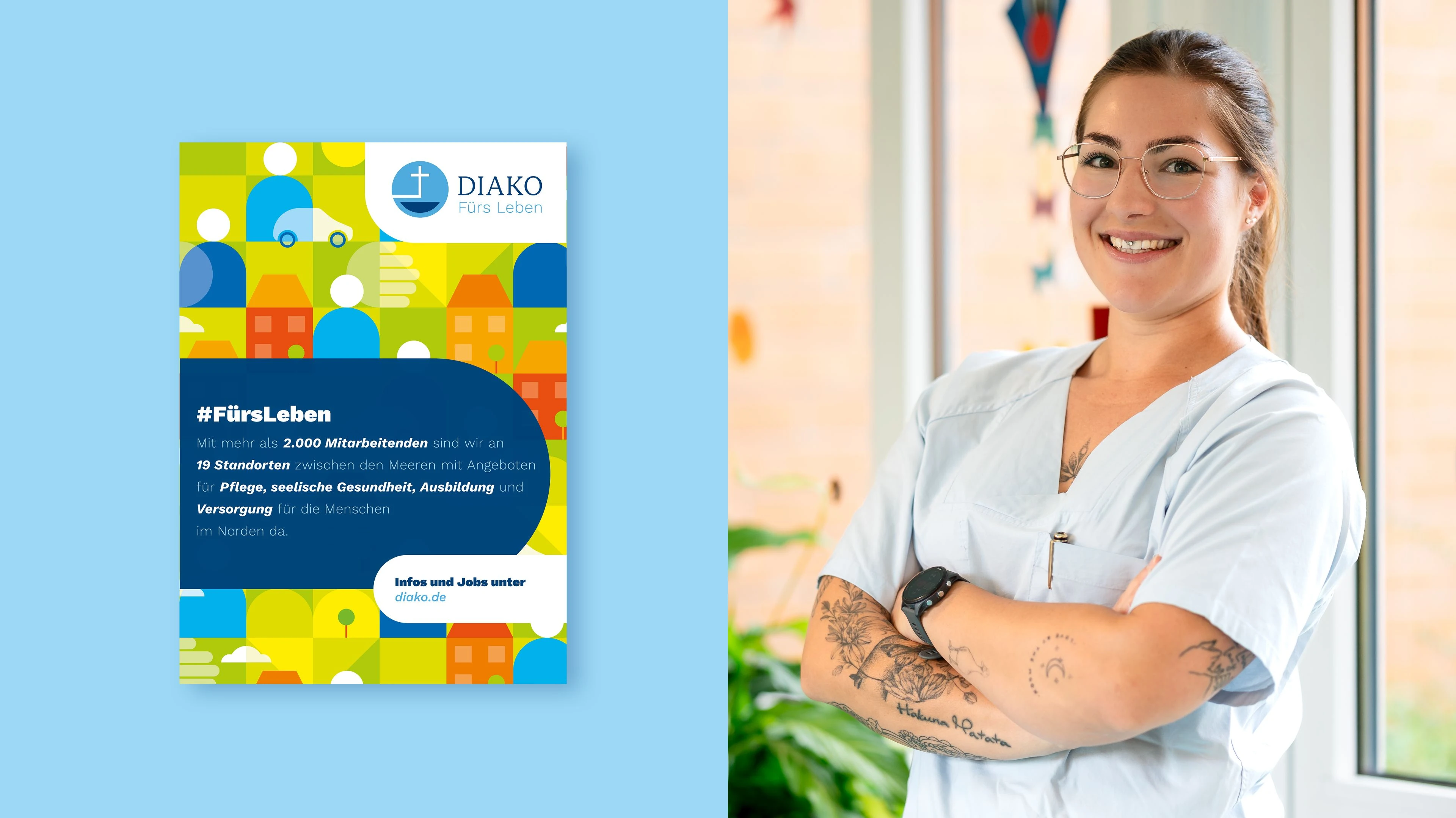 h2_diako_slider_01.jpg Zweigeteilte Grafik links eine Diako Brochüre, rechts ein Foto einer Angestellten in Arbeitskleidung
