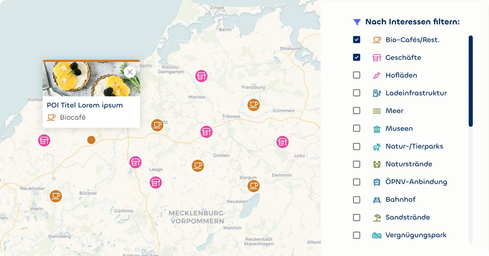 Eine Karte von Mecklenburg-Vorpommern mit Ortsmarkierungen.