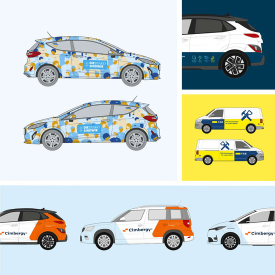 Vier verschiedene Versionen einer Fahrzeugbeschriftung.
