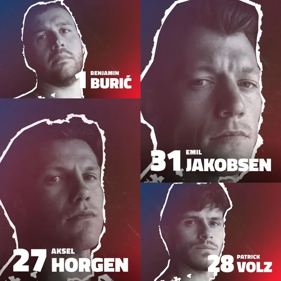 Porträts der Spieler Burić, Jakobsen, Horgen und Volz auf blau-rotem Hintergrund