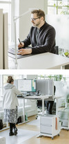 2 Bilder übereinander: Mitarbeiter am Schreibtisch sitzend + Mitarbeiterin am Schreibtisch stehend